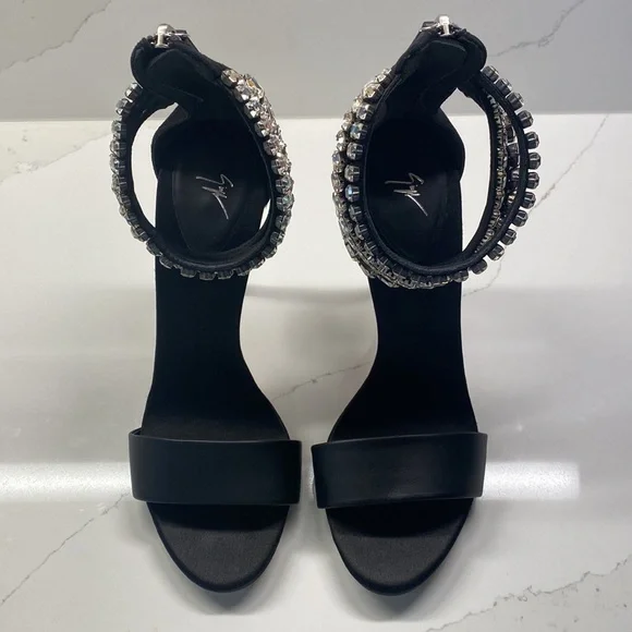 Giuseppe Zanotti Silver Crystal Embellished Heels Black Leather Sandals Shoes - Picture 6 of 15